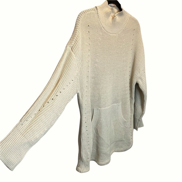 RDI Nordstrom Mock Neck Kangaroo Pocket Ribbed Tunic Sweater White Beach Tan New - Picture 3 of 7